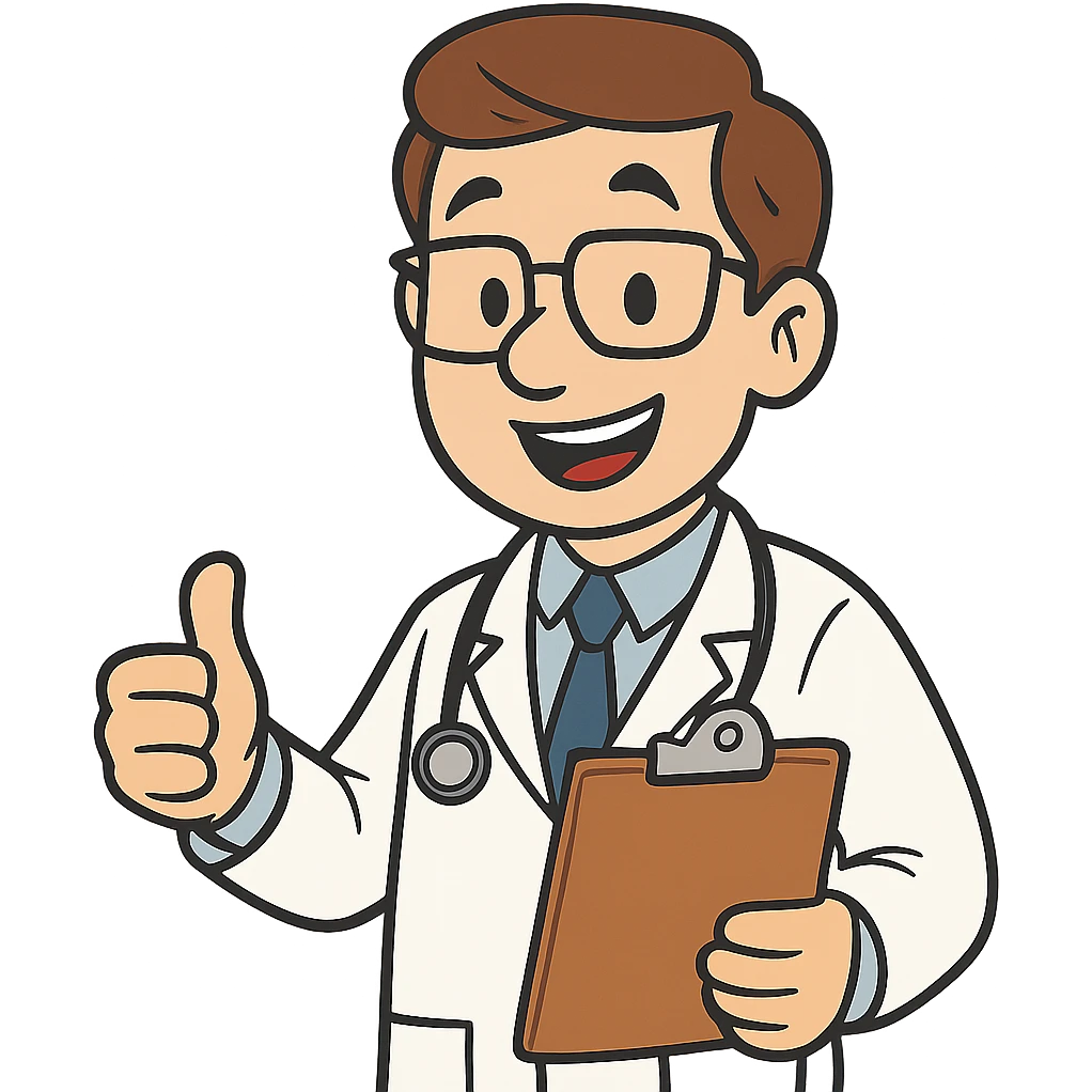 doctor, cartoon style, holding clipboard, smiling emoji