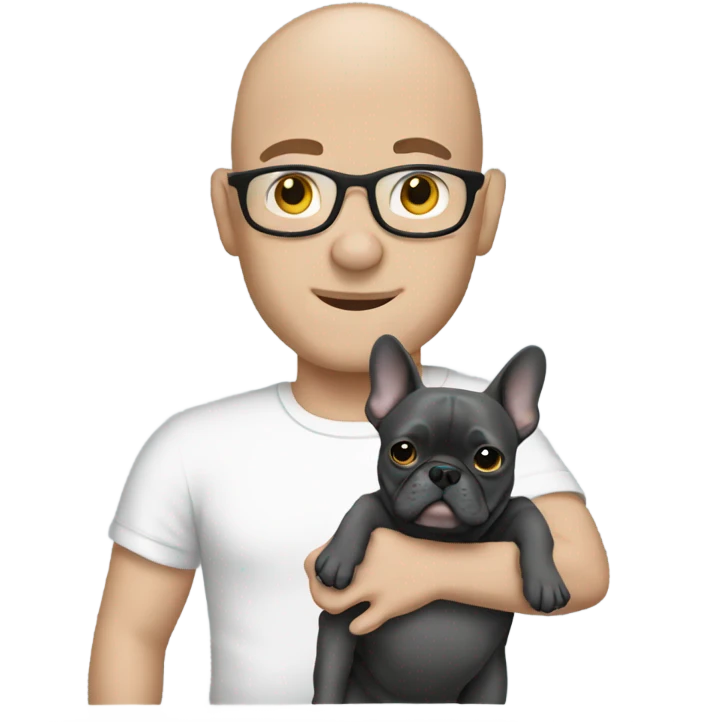 Bald man holding dark grey french bulldog  emoji