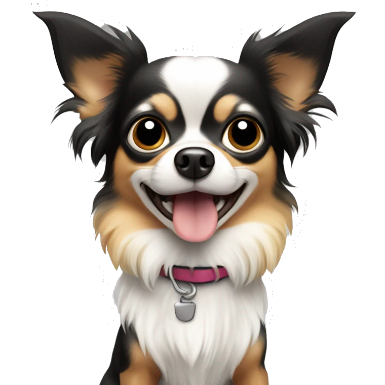 black white and tan long-haired chihuahua looking surprised emoji