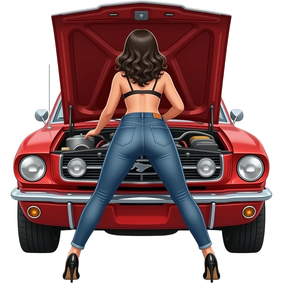 Pale girl with wavy jet black hair, seen from behind, bent forward and fixing the engine inside the open hood of a red ford mustang 1968 coupe. Girl wearing lack bra, jeans and heels. Legs wide spread. emoji