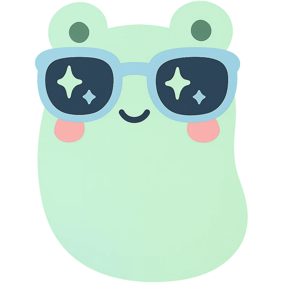 cool bean character with frog features, wearing sunglasses, confident and playful emoji