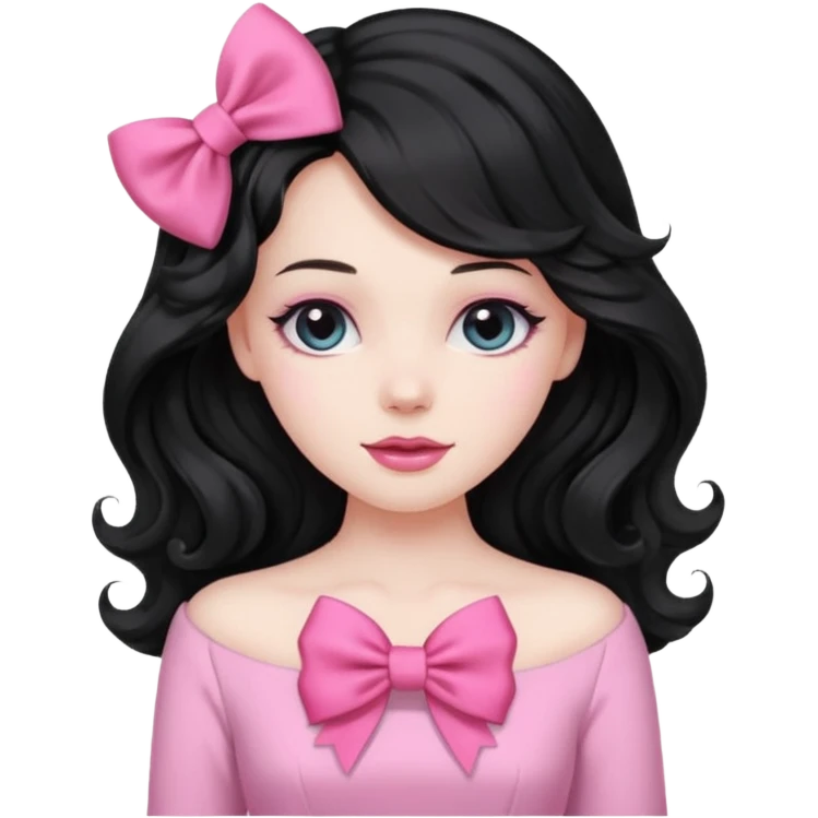 black hair with wavy long hair and pink clothes coquette vibes, a bow emoji