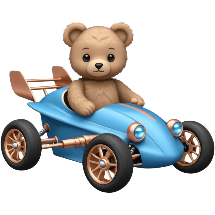 dark crystal blue and rosegold-accented rc racing car driven by a small cute fearless teddy baby bear with rear spoiler, roll bar, and wheely bar emoji