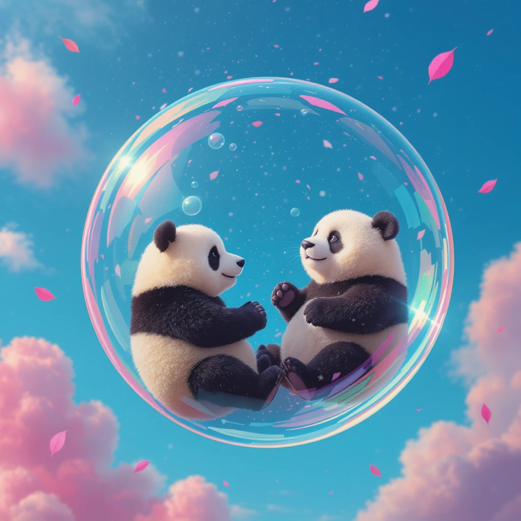 Minimalistic Cinematic still of pandas bears sitting inside flying bubbles, blue sky filling background , pink clouds, pink leafs falling around, disney style emoji