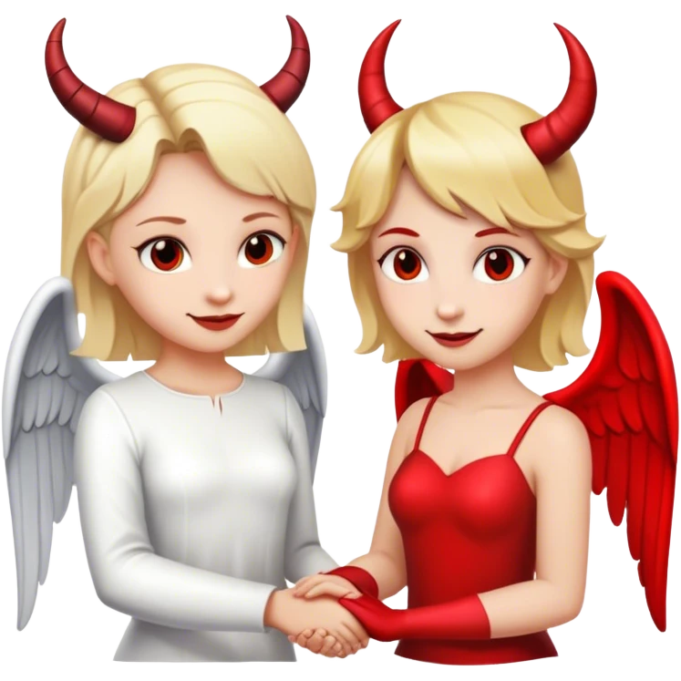 Blonde angel holding hands with brunette devil  emoji