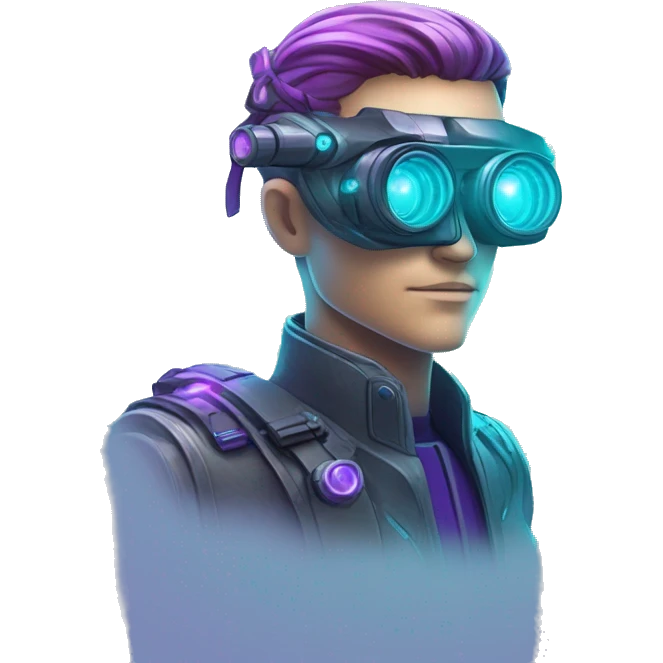 Secret human agent with  cyberpunk elements with a spyglass scanning looking reviewing multicolor lines of code, cyan and purple colors, only upper body portrait emoji