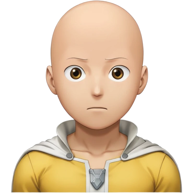 Saitama with blank face from One Punch Man, plain expression, bald head, simple round eyes, yellow hero suit, comical anime look emoji