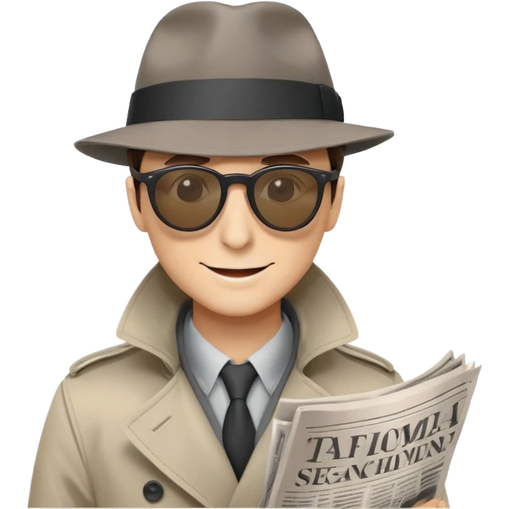 spy with sunglasses and fedora, newspaper covers lower face, only smile and glasses visible, gray trench coat, minimal and round, playful secretive vibe, plain background emoji