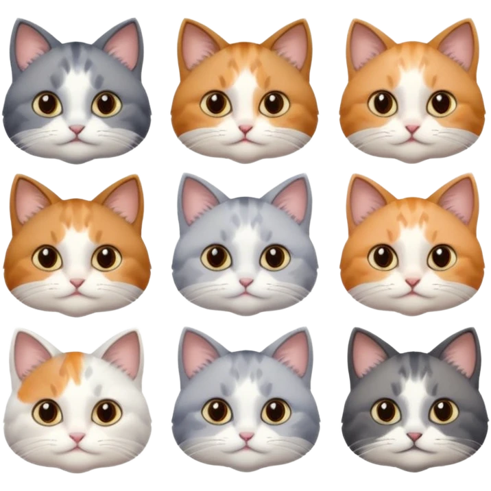 6 realistic looking cats with different natural coloured coats, assorted grey and white, greys, calico, brown and white colours etc
 emoji