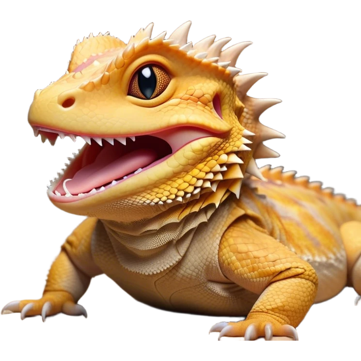Cinematic Cute Yawning Bearded Dragon Portrait Emoji, Head tilted slightly with a dramatic, wide-open yawn, showcasing a soft, textured scaled hide with its spiky beard partially drooped and eyes barely open in drowsy contentment, Simplified yet irresistibly adorable features, highly detailed, glowing with a soft, cozy glow, high shine, relaxed yet expressive, stylized with a touch of reptilian whimsy, bright and endearing, soft glowing outline, capturing the essence of a sleepy yet affectionate dragon, so drowsy it feels like it could stretch out of the screen and curl up for a nap! emoji
