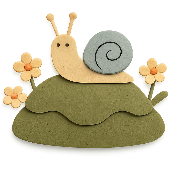 mossy rock with snails and small flowers in earthy pastel colors, paper craft style emoji