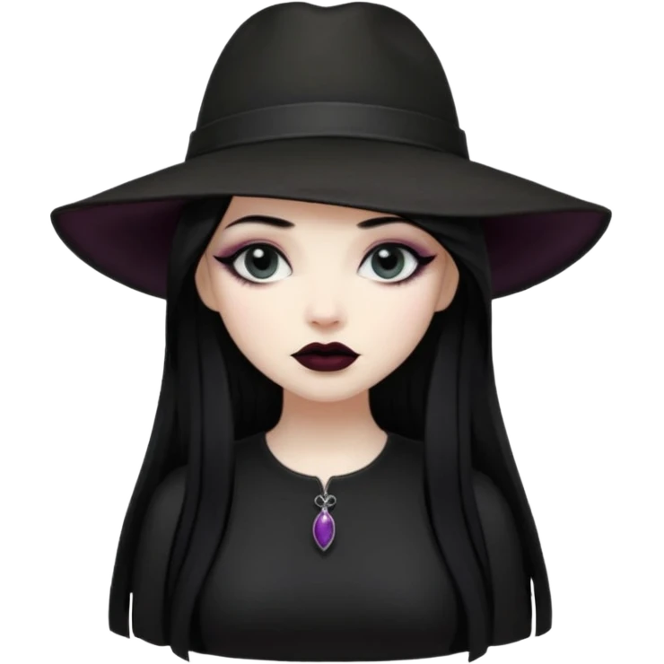 Female Goth with Wide-Brim Hat
 Long straight black hair, white skin, black dress, wide hat casting shadow over eyes. emoji