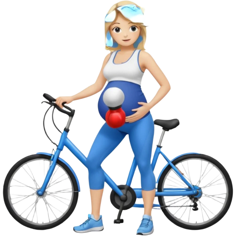 Woman blonde hair white tank top blue leggings pregnant belly holding a bike pump emoji