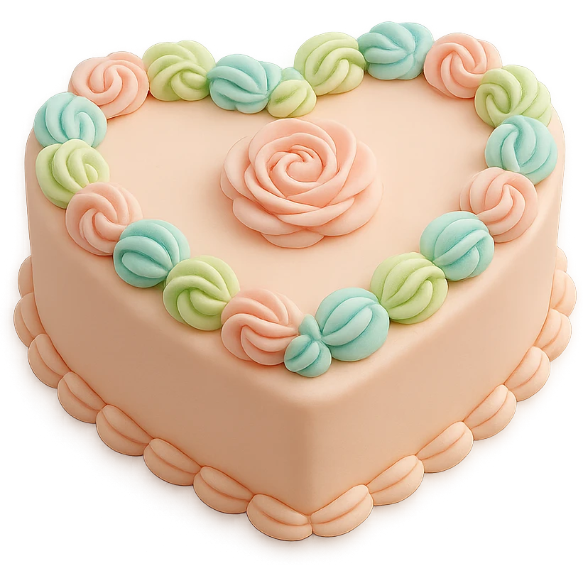 heart-shaped fondant cake with piped rosettes emoji