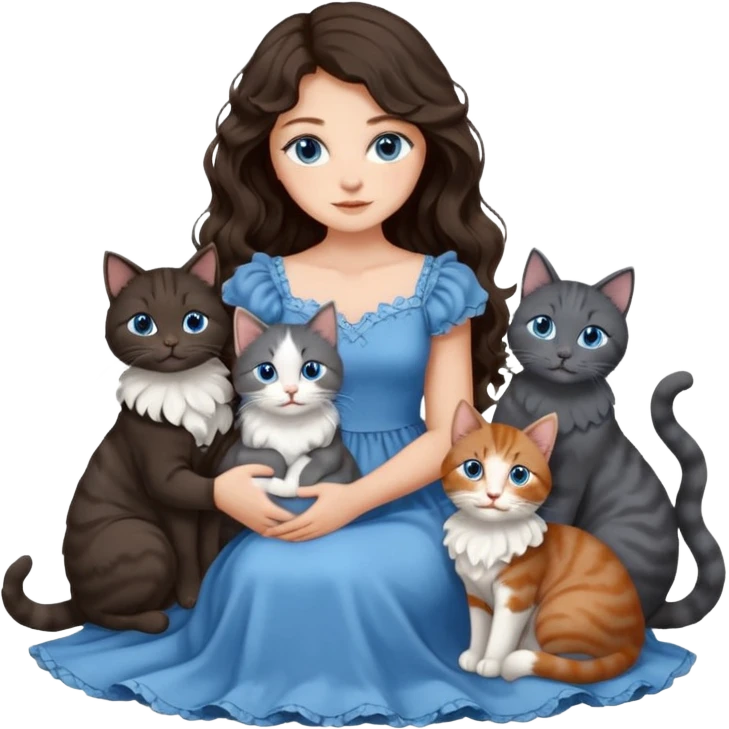 detailed realistic looking a dark grey and white cat regally sitting with six other cats, cuddling with their owner who is a pretty bratz lightly tanned white girl with long dark brown hair, blue eyes and gorgeous long wavy hair wearing a pretty detailed dress emoji