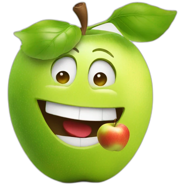 fruit man smiling at the camera with an apple in his hand and pointing behind him emoji