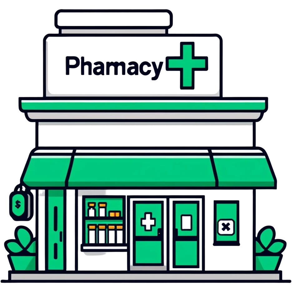 Pharmacy storefront, emerald green cross sign emoji