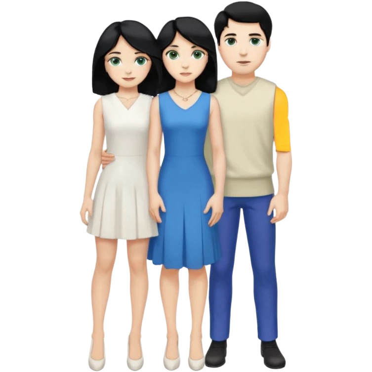 prince, standing upright, black Hair, blue eyes, garment, and woman, bending knee, sleveless white dress, blonde hair, green eyes, emoji