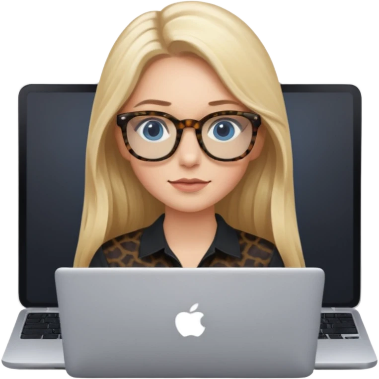 long blonde hair woman blue eyes on mac lap top with tortoise shell print glasses with black shirt emoji