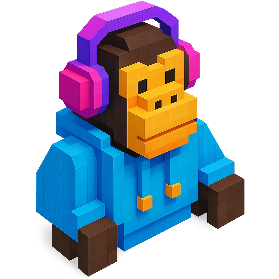 voxel style gorilla with headphones, wearing a hoodie, isometric view emoji