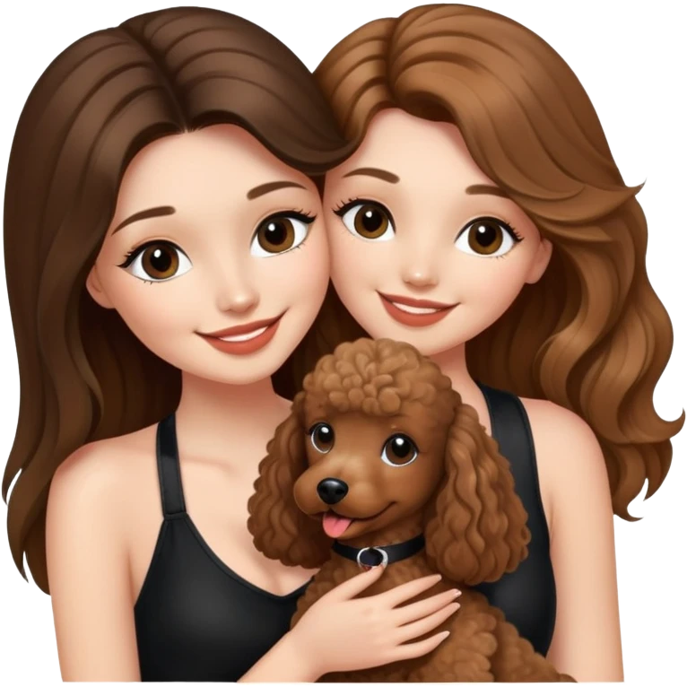 a girl with long balayage straight hair and long lashes, smiling, wearing black halterneck top, and holding and kissing a brown poodle emoji