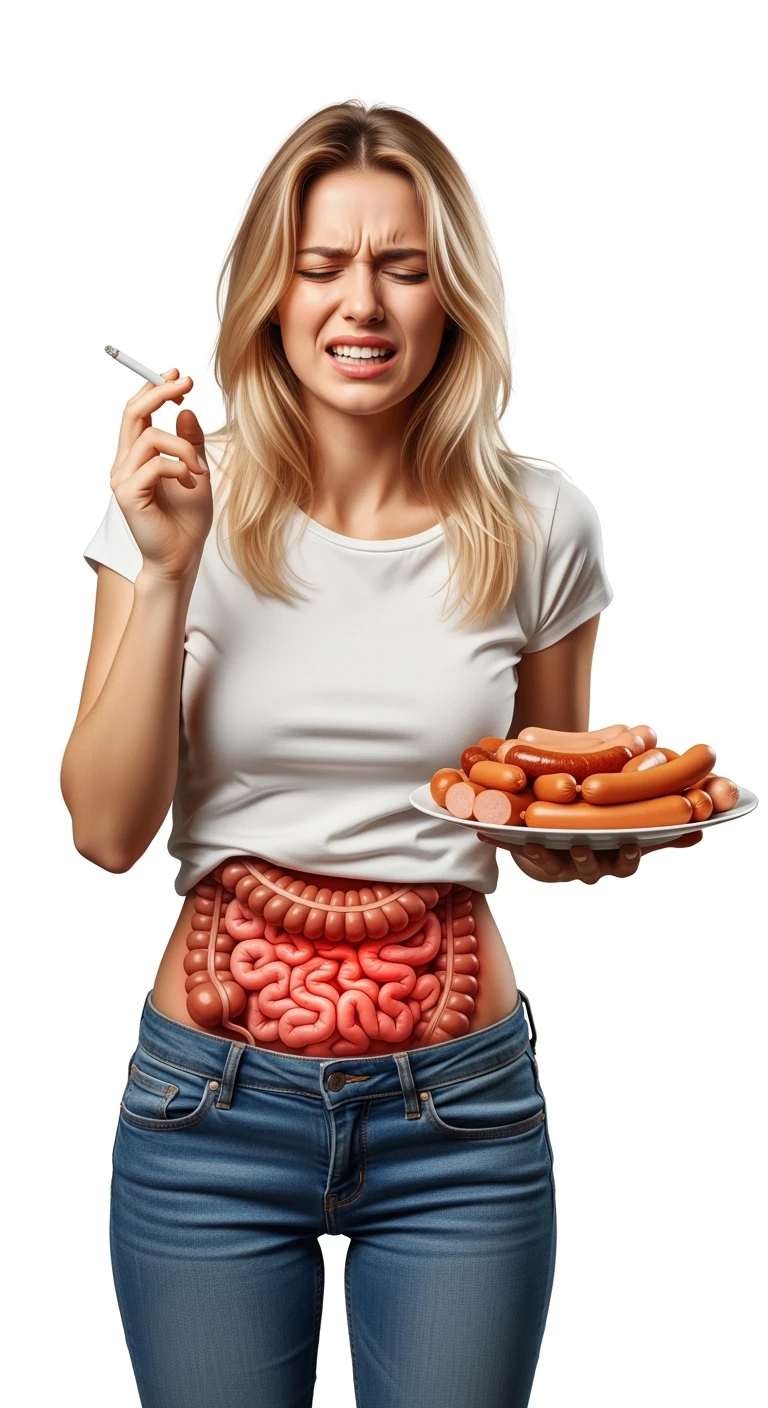 UNA DONNA REALISTICA CON UNA SIGARETTA IN MANO E UN PIATTO PIENO DI WURSTEL E SALSICCE NELL'ALTRA MANO, INTESTINO ANATOMICO INFIAMMATO VISIBILE, MAL DI PANCIA, ISOLATA SU SFONDO BIANCO, IPERREALISTICA 4K emoji