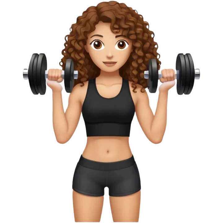 white woman with long brown curly hair in black top and shorts holding dumbbell emoji