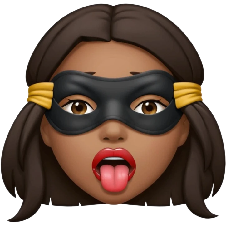 woman with dark brown hair wearing black blind fold completely covering her eyes. tongue out and saliva coming from mouth emoji