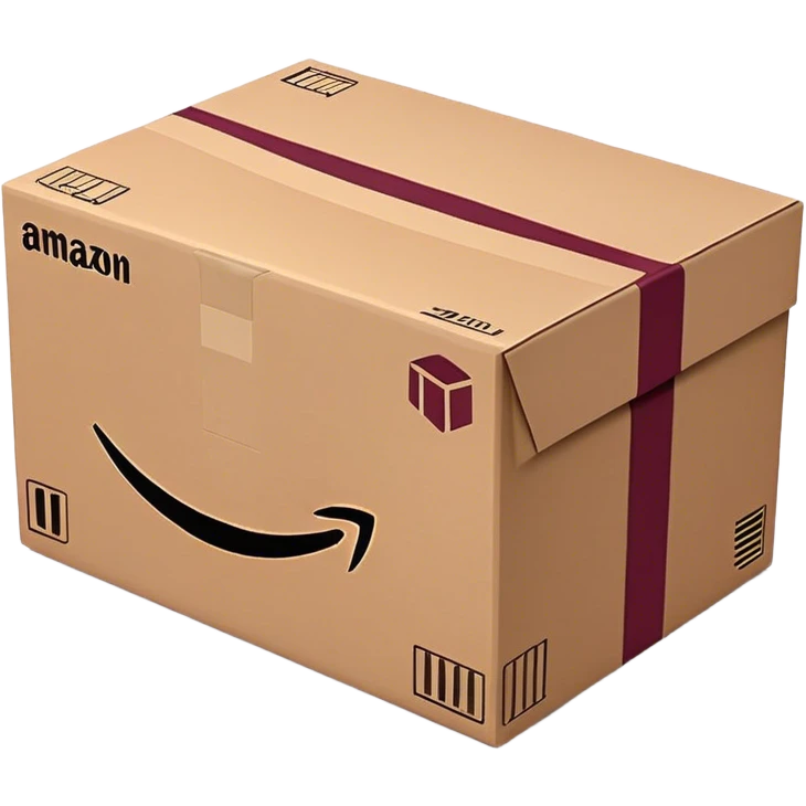 Amazon package with burgundy amazon logo emoji