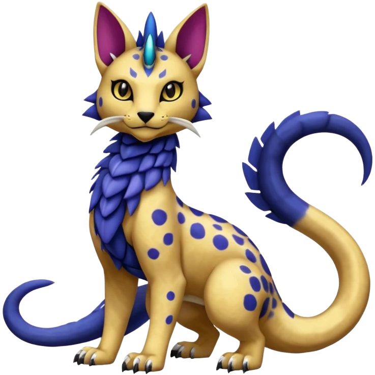 Egyptian furry hyper-realistic colorful with black rosette-splotches, scaley Bastet-Liepard-Noibat-Gatomon-Garchomp-Digimon-Fakémon-Pokémon-creature (full body) emoji