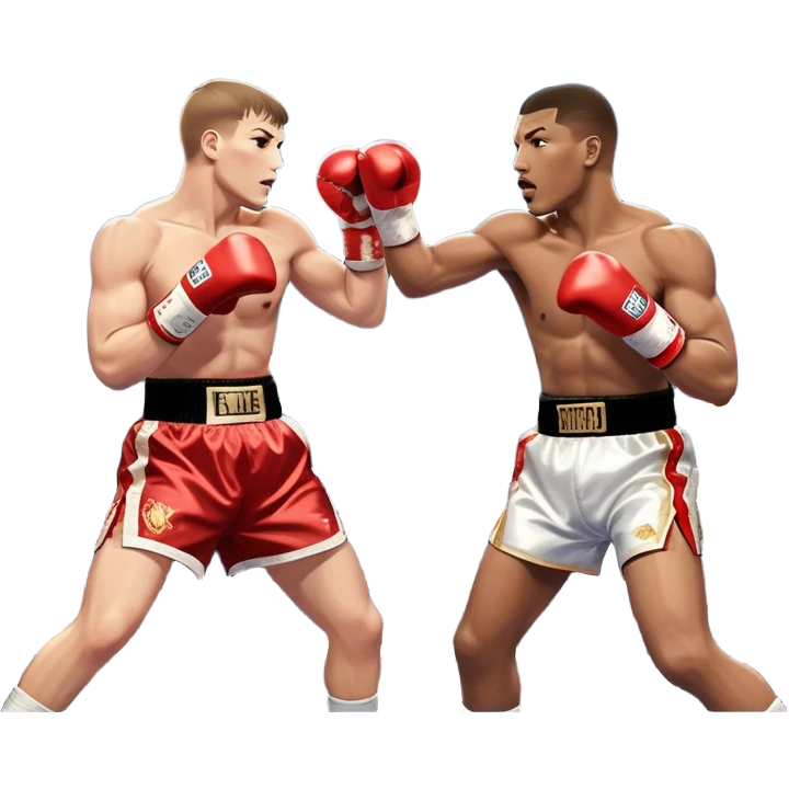  a high-stakes boxing match for the world championship title. Two professional boxers, wearing gloves and championship belts, exchange powerful punches in the center of the ring. The background features a packed arena with bright lights, a roaring crowd, and the championship banner hanging above.  emoji