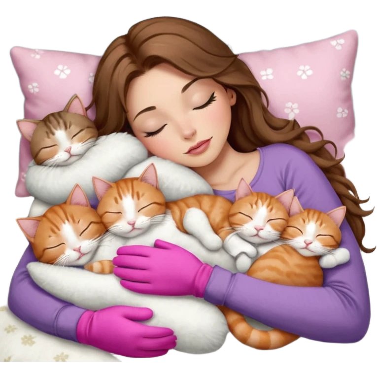 girl with long wavy brown hair, brown eyes, long lashes makeup, sexy pink lips, light to medium complexion,  sleeping on a cozy pillow, with 6 cats: 1 brown and white tabby cat, 1 ginger and white, 2 grey and white, 1 grey with white mittens and small white patch on chest and 1 calico, sleeping emoji
