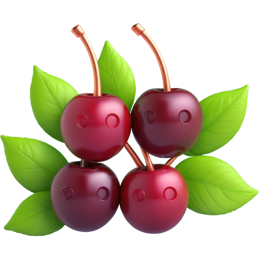 3d emoji of a cherry with two cherries and a leaf, glossy dark red cherries with copper stems and vibrant green leaves, realistic texture and lighting emoji