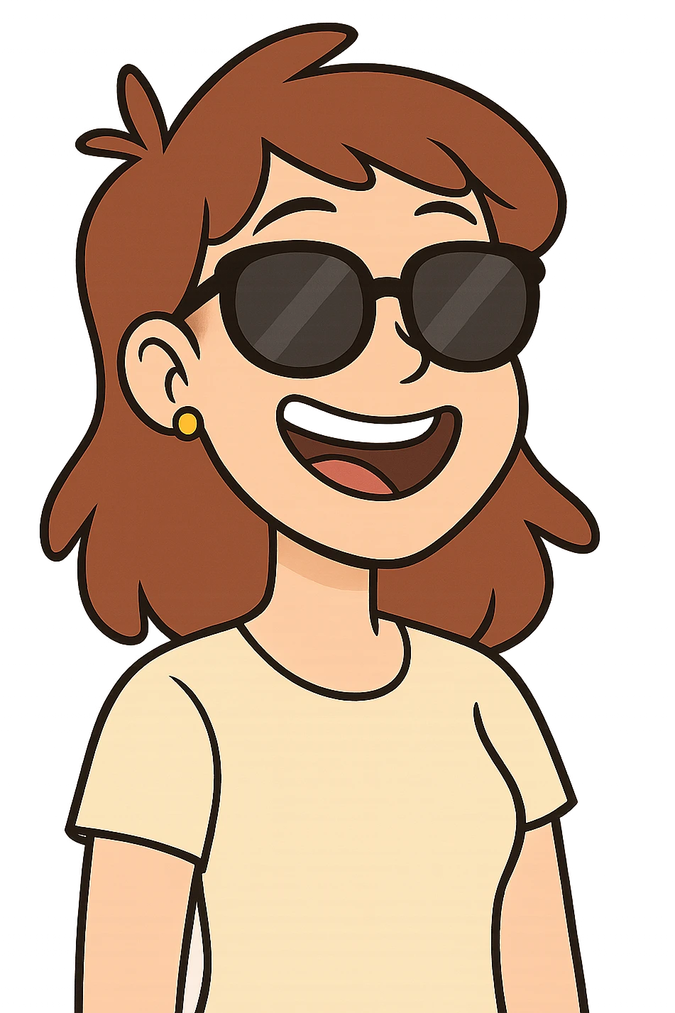 jeune femme souriante portant des lunettes de soleil, style cartoon emoji