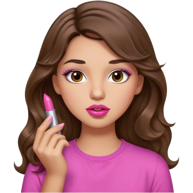 girl with long wavy brown hair, brown eyes, light to medium complexion, in a pink shirt, pink lips, long lashes, puckered lips, putting on lipstick emoji