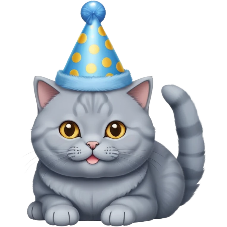 British shorthair blue cat happily wears a birthday hat emoji