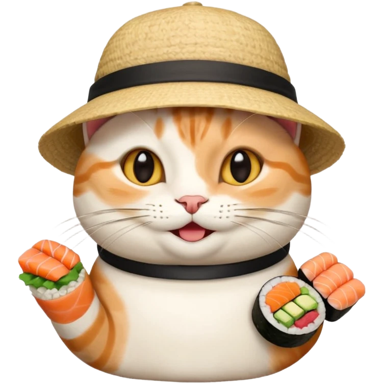 happy cat wearing a hat made out of sushi emoji