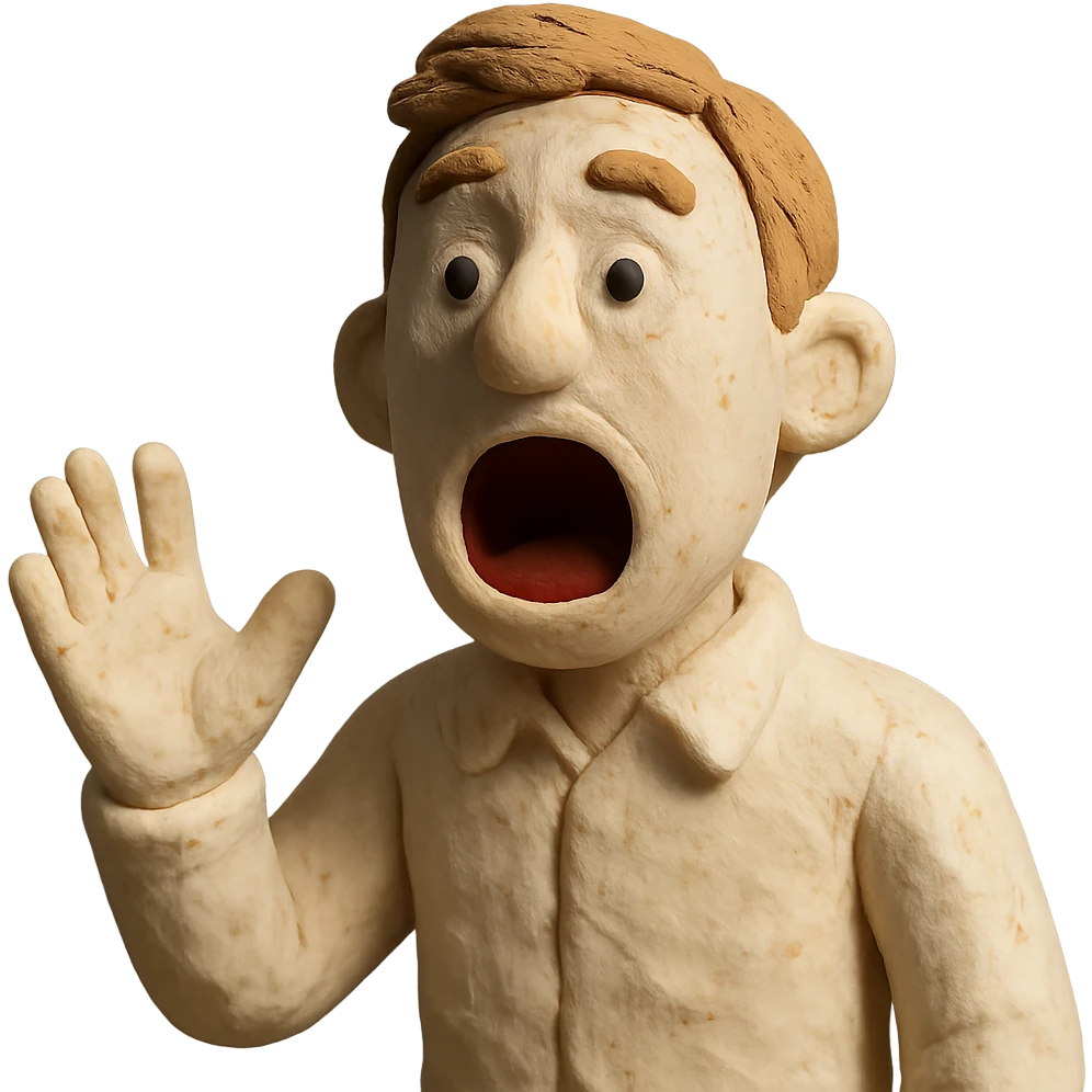claymation style white man character with open mouth, expressive, as if loudly saying emoji