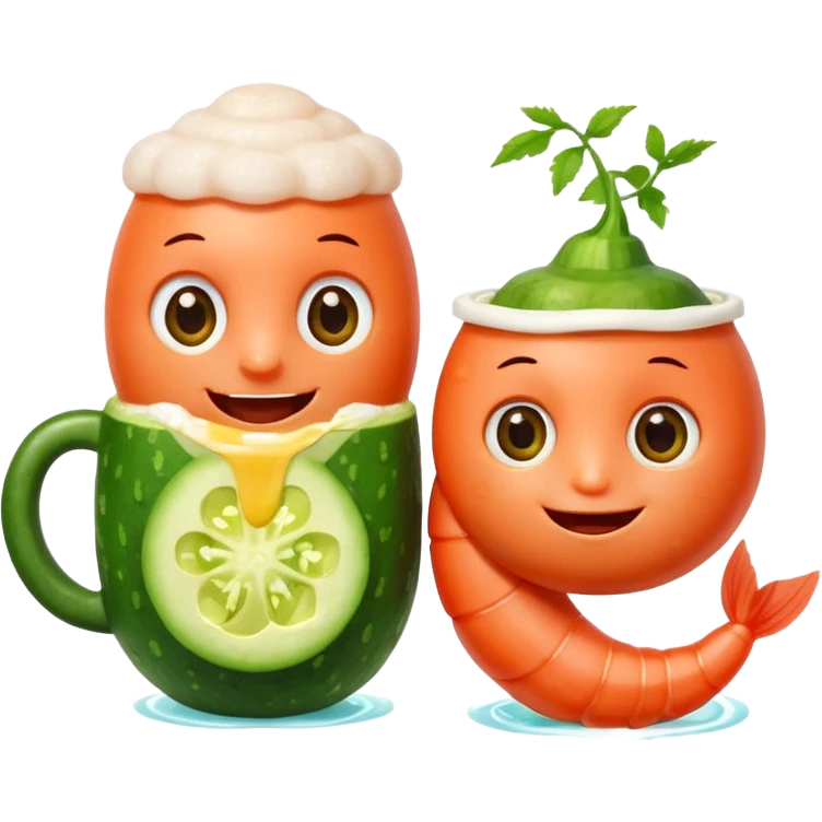 Emoji-style food mascots, NOT human.
Two cute shrimp characters, simple cartoon faces, big round eyes, small smiles.
One shrimp holding a beer mug with foam, the other holding an aguachile bowl with cucumber and chili.
Flat + soft 3D style, clean shapes, no human facial details, no realistic skin.

 emoji