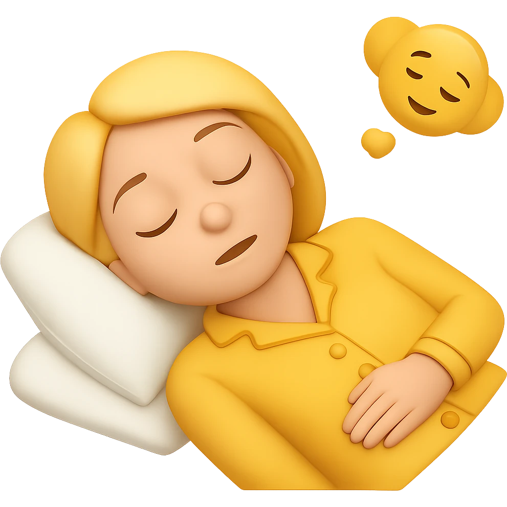 Create an image of a woman with blond hair wearing yellow pajamas, classic emoji style, sleeping on her back, with no background. The style should resemble classic emoji style. emoji