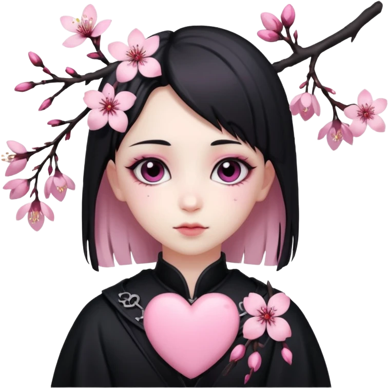 goth sakura heart, black heart with sakura branch and blossoms, pink highlights emoji