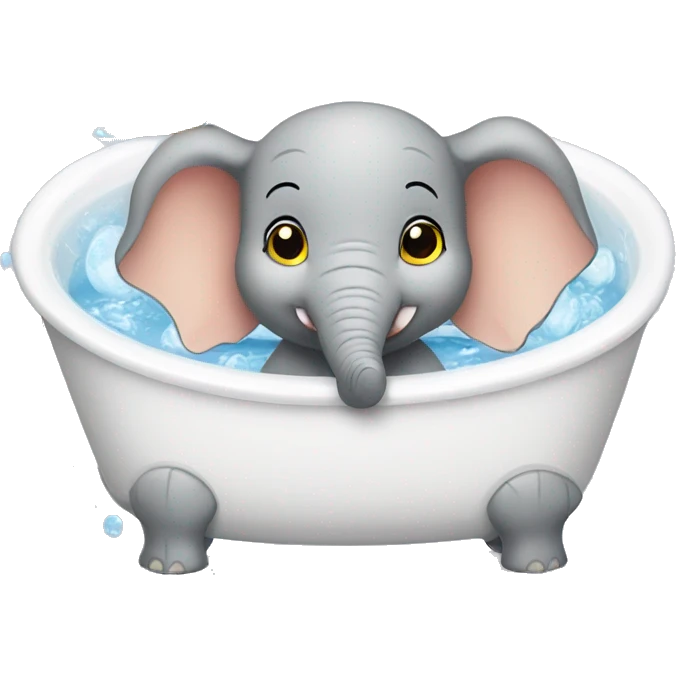 baby elephant having a bath in a white bathtub with 2 little yellow rubber ducks emoji