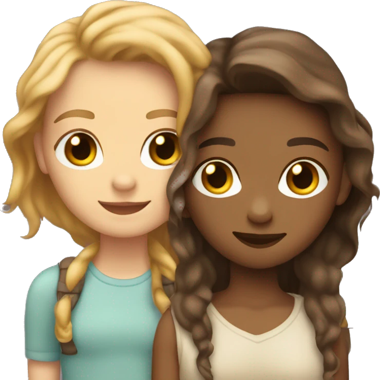 Two white best friends hugging one with wavy hair and the other with straight brown hair emoji