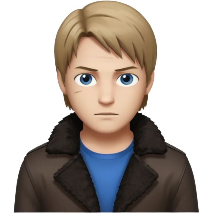Leon Kennedy from resident evil 4 remake in sheepskin coat and black t-shirt blue eyes clean-shaved emoji
