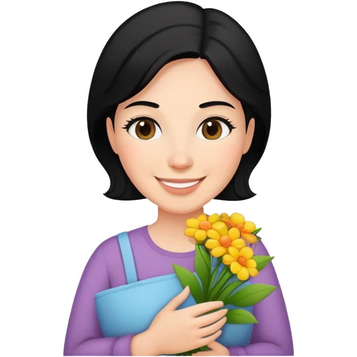 black haired mother holding flowers smiling emoji