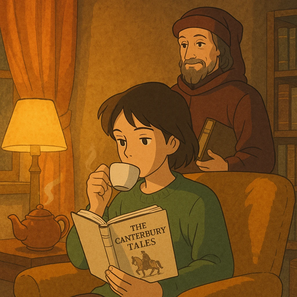 cozy scene of a person reading the Canterbury Tales and drinking tea, Chaucer in medieval attire standing behind, warm lighting emoji