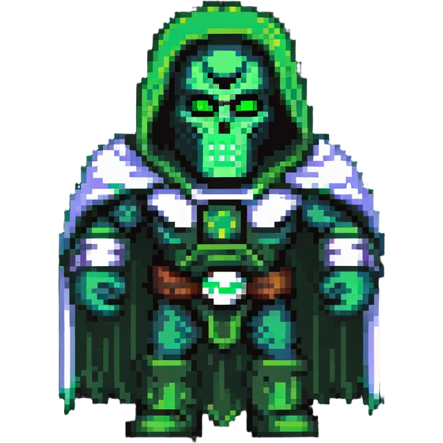 Doctor Doom standing menacingly with bright green glowing eyes emoji