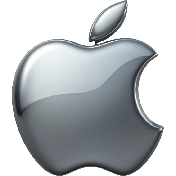 Metallic Apple logo emoji icon, chrome surface, sharp reflections, dark background, centered emoji