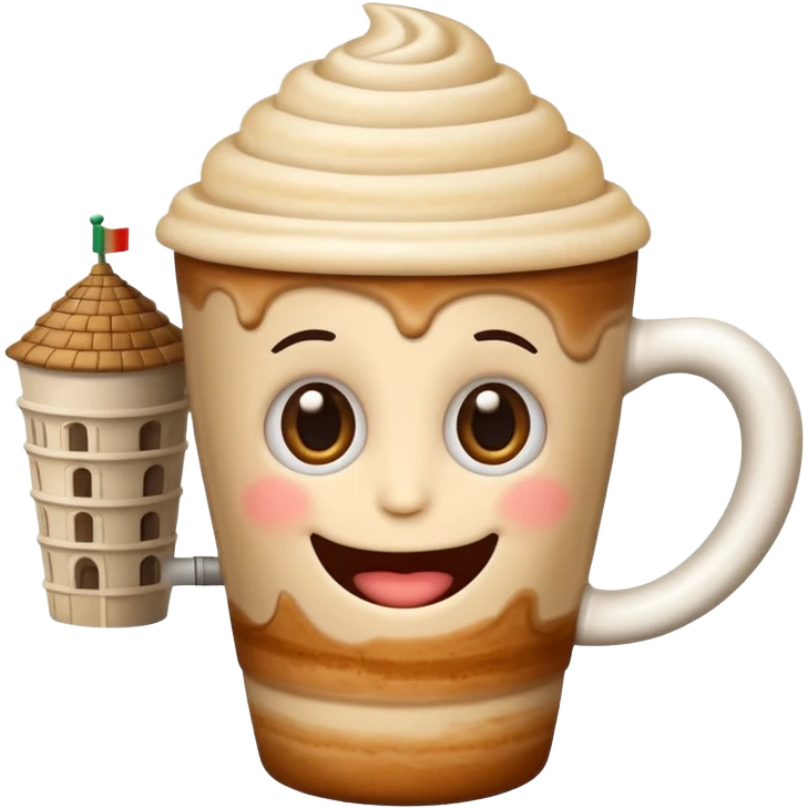playful cappuccino cup emoji with tiny leaning Tower of Pisa as handle, wild eyes, silly grin, capturing Italian brainrot cappuccino emoji