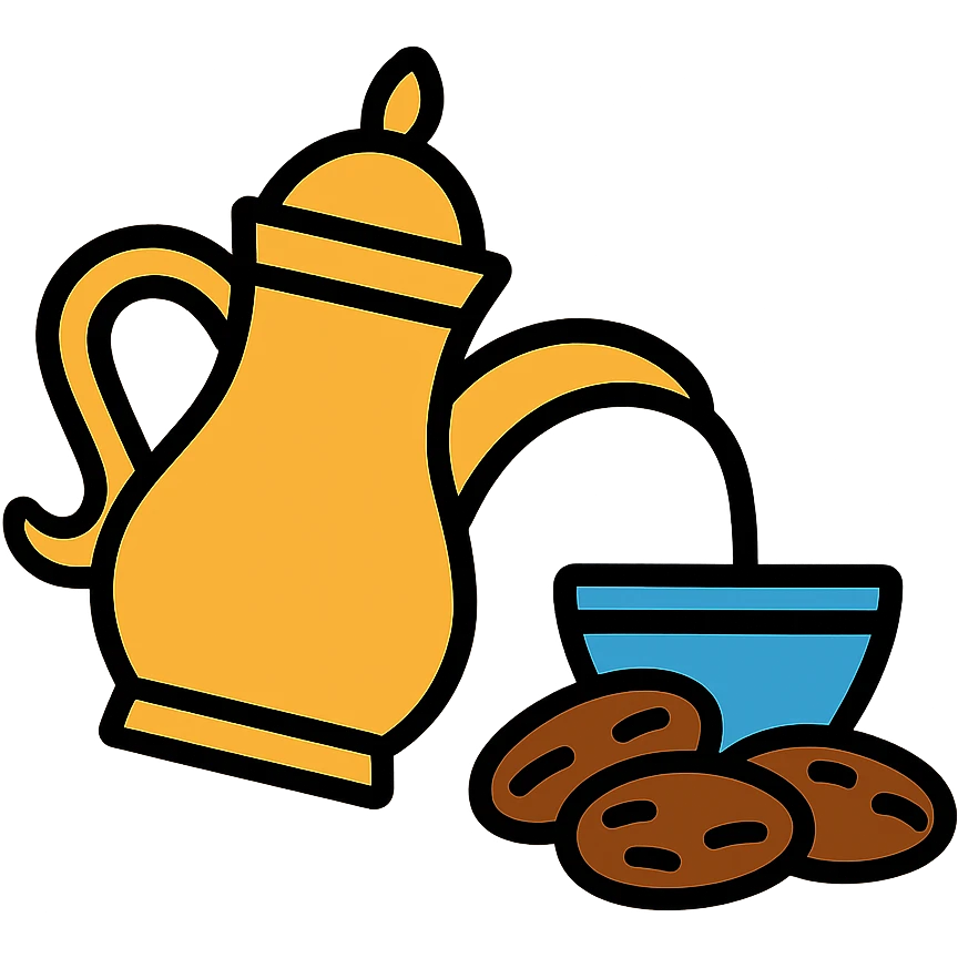 a classic dallah pot pouring coffee next to dates, modern icon style emoji